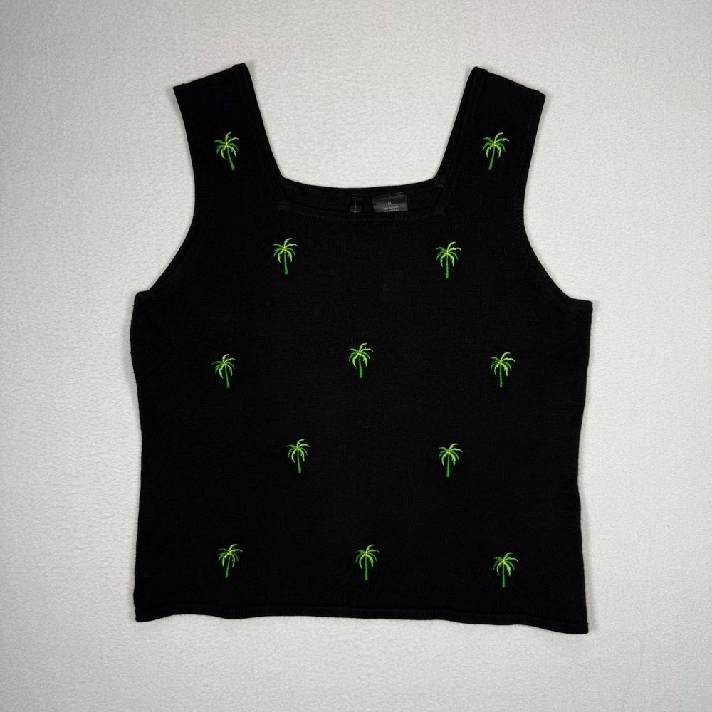 Etoile Womens Black Palm Tree Embroidered Knit Tank Top Square Neck Size M